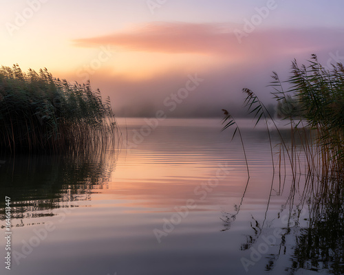 Wallpaper Mural Calm lake at sunrise with reeds and soft fog dawn mist Torontodigital.ca