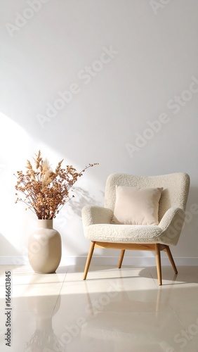 Cream armchair with beige cushion, pampas grass in a vase, bright room