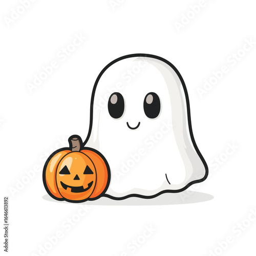 Cute Cartoon Ghost with a Halloween Pumpkin (1)
