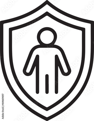 Stylized shield icon with human figure inside representing protection and security