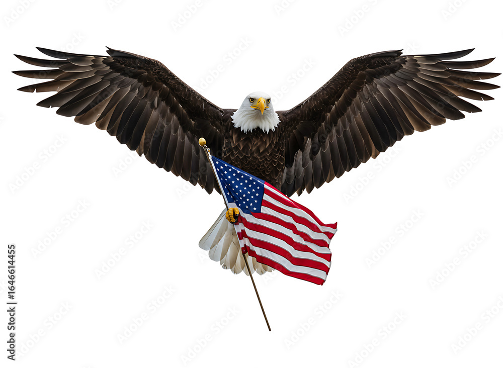 Fototapeta premium Majestic bald eagle soaring with american flag isolated on transparent background