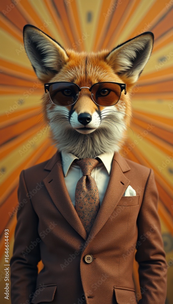 Obraz premium Sophisticated fox in suit and sunglasses standing in studio