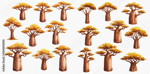 An illustrative collection of various baobab trees with thick trunks and golden-yellow foliage, isolated on a transparent background.
