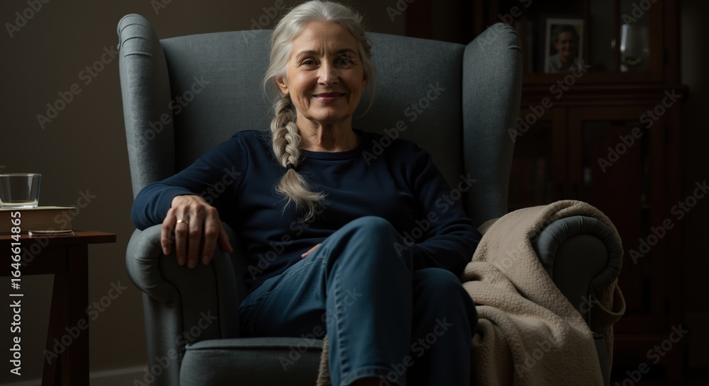 Fototapeta premium Older woman with a braid relaxes in a plush armchair at home, warm lamp glow and cozy blanket beside