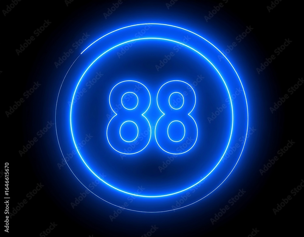 Glowing neon blue double-ringed circle displays number eighty-eight Glowing neon blue double-ringed circle displays number eighty-eight