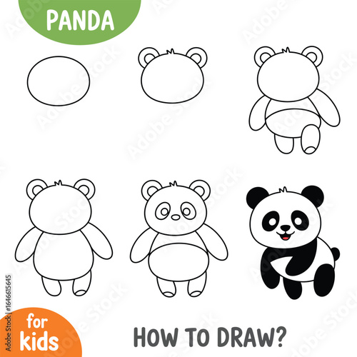 How to draw a cute panda bear step-by-step. Easy drawing tutorial and educational game for kids and beginners. Vector illustration 