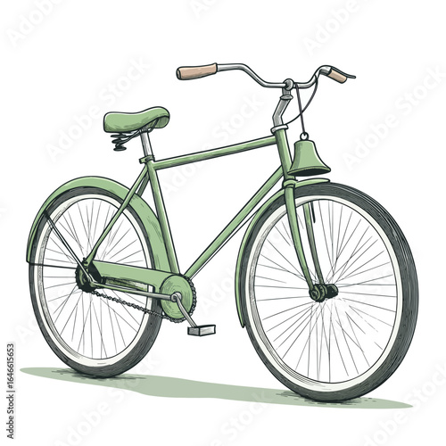 Detailed Green Bicycle Illustration with Bell and Shadow on Ground