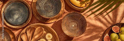 DRAUFSICHT AUF BIO-BRUNCH-TISCHDEKORATION MIT HANDWERKLICHEN SCHÜSSELN