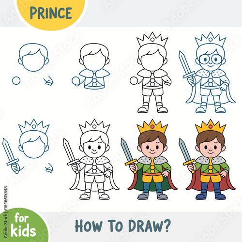 Step-by-Step Drawing Guide for Kids Learn to Create a Brave Cartoon Prince with Crown and word in Easy Stages, Perfect for Young Artists and Creative Play
