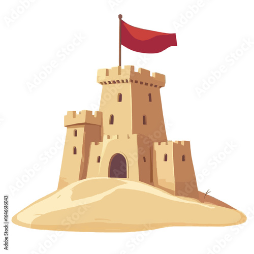 Detailed Sandcastle with Red Flag Built on a Sandy Dune Cartoon Style