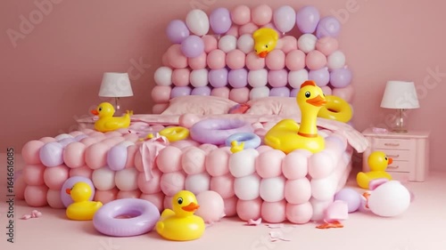 Dreamy Balloon Bed: Whimsical Pink Room with Rubber Ducks and Floats