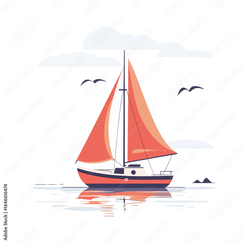 Fototapeta premium Elegant sailboat with coral sails gliding on water under a cloudy sky