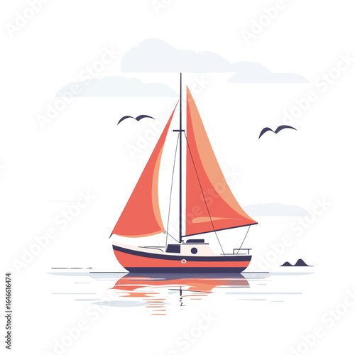 Elegant sailboat with coral sails gliding on water under a cloudy sky