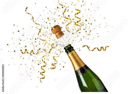 Champagne bottle popping with  gold confetti isolated on transparent background