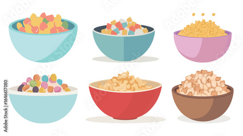Bowl of cereal illustration vector graphic design, colorful breakfast food with milk, spoon, and crunchy flakes, healthy morning meal concept for packaging, posters, and digital artwork.