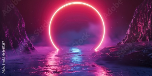 A vibrant neon circle with a pink and purple hue, surrounded by rocky terrain and a body of water, casting a reflection on the surface below