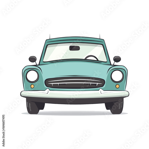 Front View of a Teal Cartoon Car with Rounded Headlights and Chrome Bumper