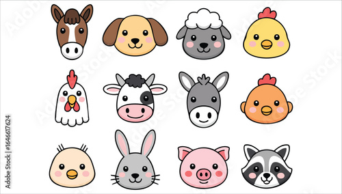 adorable farm animal portrait set vector art isolated white