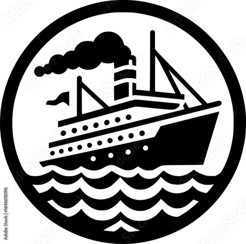 Minimalist black and white vector icon of a ship, clean lines, isolated on white, perfect for stickers, logos, scalable and clear at small sizes.