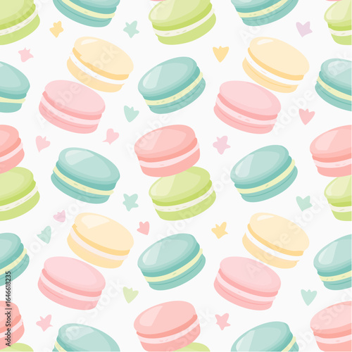 Macarons seamless vector pattern, colorful pastel flat kawaii dessert design