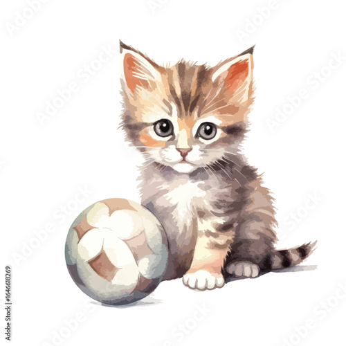 watercolor kitten playing with a ball illustration