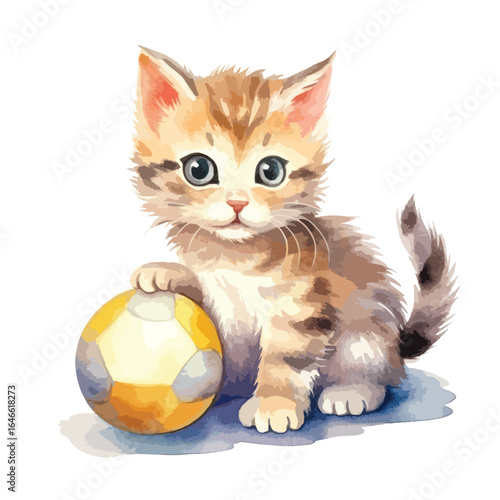 watercolor kitten playing with a ball illustration