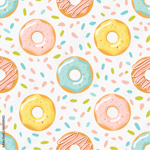 Donuts seamless vector pattern, cute glazed cartoon style with bold outlines