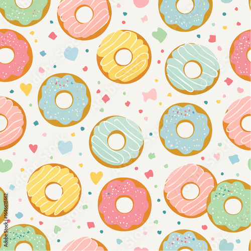 Donuts seamless vector pattern, cute glazed cartoon style with bold outlines