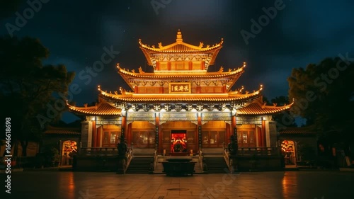Illuminated Chinese Temple at Night: Golden Glow Under Starry Sky
