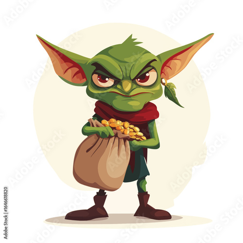 Grumpy Green Goblin Guarding a Heavy Sack of Gold Coins with Red Scarf
