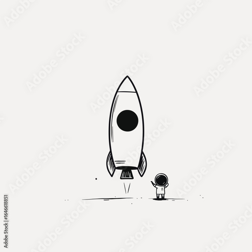 Handdrawn rocket launching with astronaut waving goodbye in minimalist style