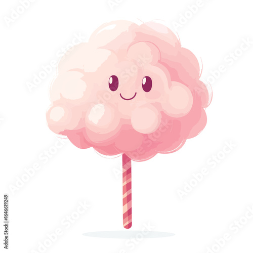 Happy Pink Cotton Candy Cartoon Character on Stick