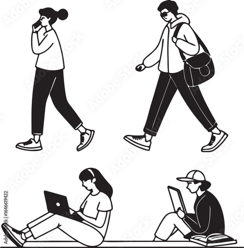 Black and white line art illustration of four people engaged in various activities walking