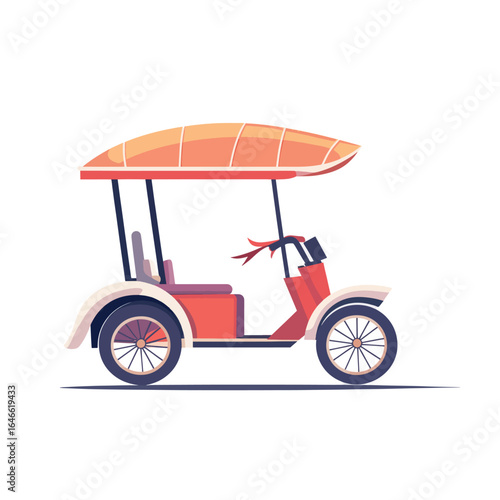 Illustrated coralcolored motorized vehicle with a striped canopy and ribbon detail