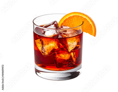 Minimalist Realistic Negroni Cocktail with Orange Slice and Ice – Classic Italian Aperitif Photography
