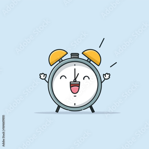 Joyful cartoon alarm clock with yellow bells and a wide happy grin