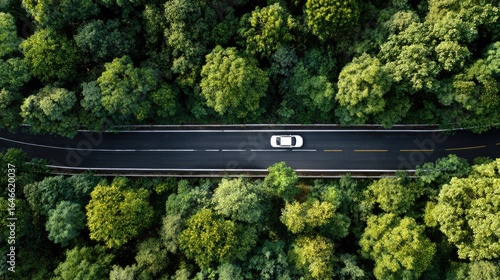 High-angle view of a winding road through a lush green forest, with a white car traveling along it