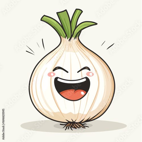 Joyful Cartoon Onion with Wide Grin and Green Sprouts