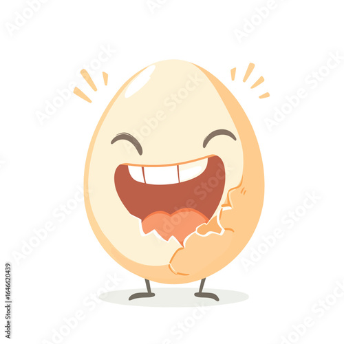 Joyful Cracked Egg Character with Exaggerated Smile and Tiny Legs