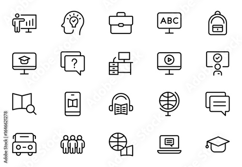 Education line icon set. The set contains icons: E-Learning, Education, Home Schooling, Classroom, Linear icon collection. Editable stroke. Vector illustration