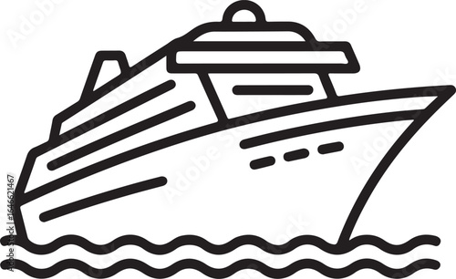 Simple line art illustration of a modern cruise ship sailing on wavy water
