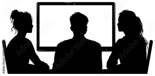 silhouette of coworkers watching online meeting on large monitor