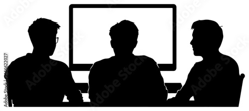 silhouette of coworkers watching online meeting on large monitor