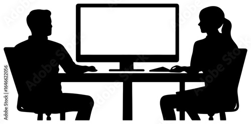 silhouette of coworkers watching online meeting on large monitor