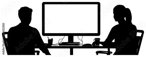 silhouette of coworkers watching online meeting on large monitor