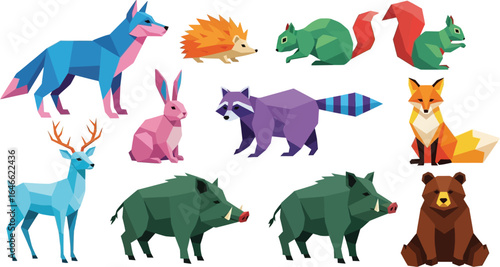 Geometric animals including wolf hedgehog squirrel fox bear and more