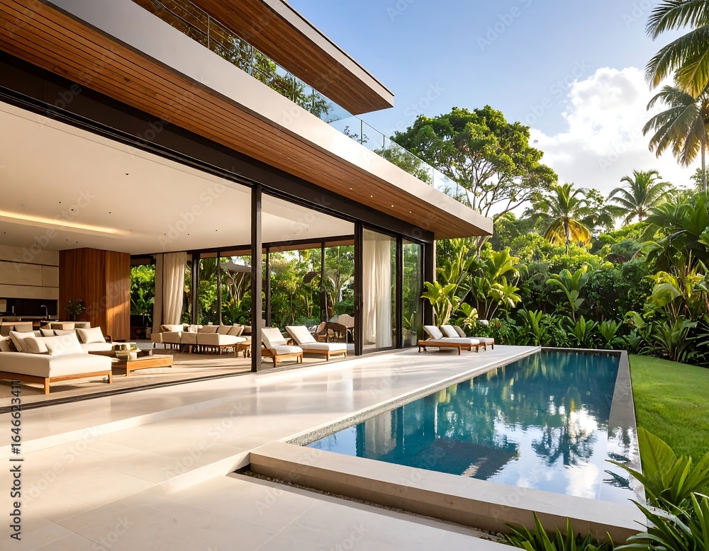 Fototapeta premium Modern luxury villa with infinity pool and lush tropical garden creates ultimate serene vacation retreat