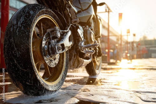 Motorcycle being washed at a gas station. Sunlight highlights soapy tire