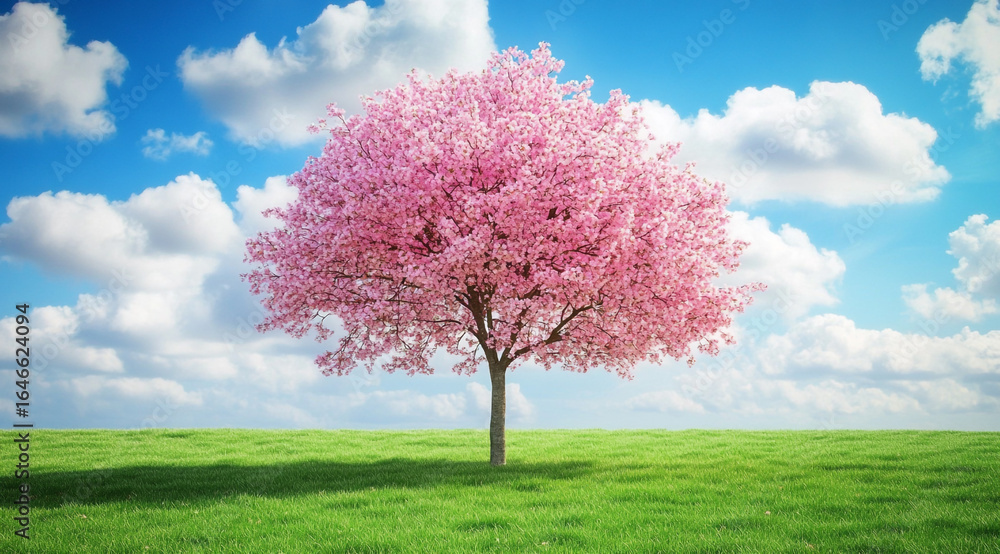 Naklejka premium A vibrant pink cherry blossom tree stands alone in a sunlit field of green grass and yellow flowers. The bright blue sky is filled with fluffy white clouds.