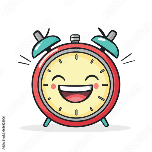 Joyful Red Alarm Clock Cartoon Character with Teal Bells